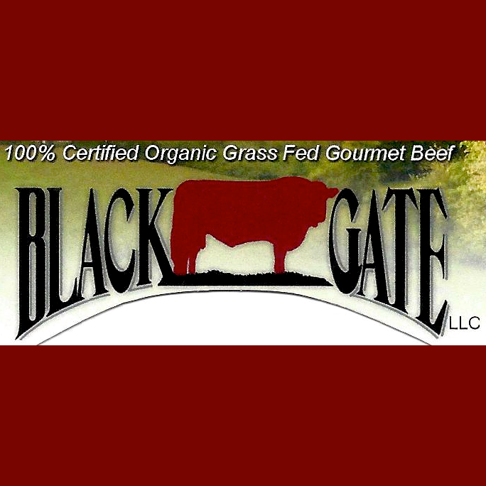 Horrmann+Meats+-+blackgate Logo of Black Gate LLC, featuring the text "100% Certified Organic Grass Fed Gourmet Beef" alongside a silhouette of a cow, emphasizing high-quality organic beef products.