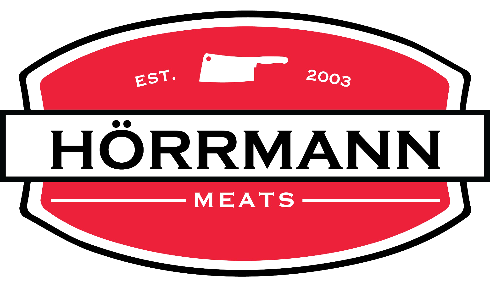 Logo of Hörmann Meats, established in 2003, featuring a red and white design with a cleaver graphic, emphasizing quality meat products.